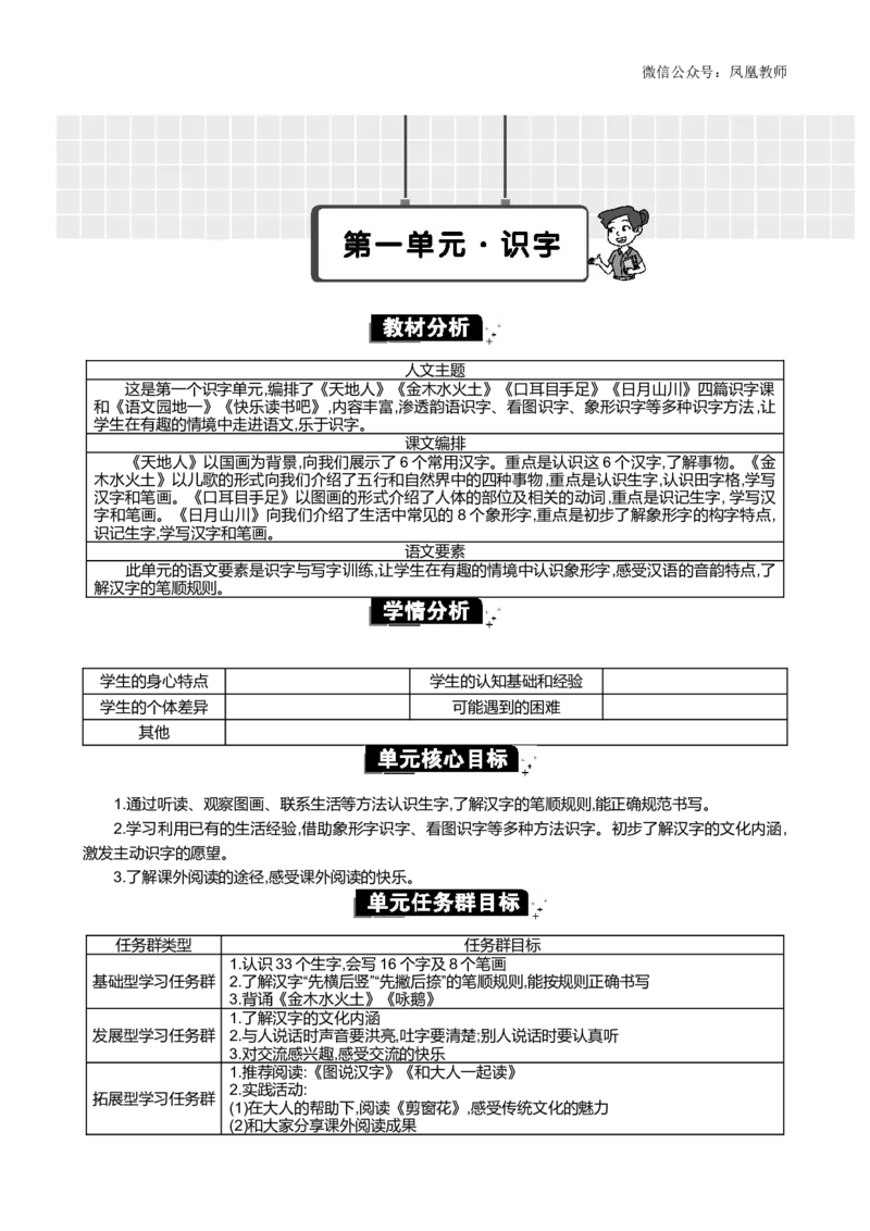 第一单元单元分析_25秋七彩课堂统编版语文一年级上册教学资源包_七彩课堂统编版语文一年级上册教案_优质版教案_第一单元