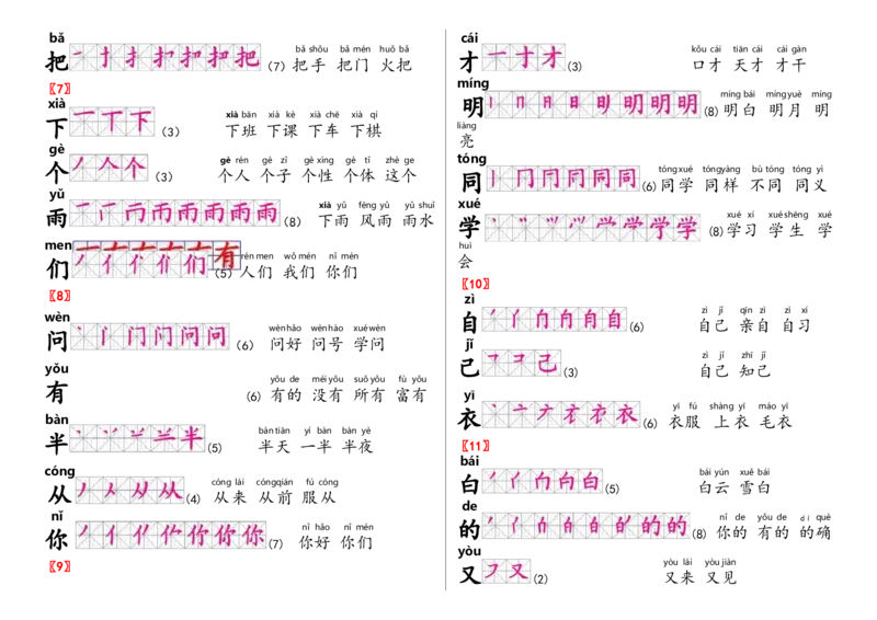 生字笔顺组词_一年级上下册资料_一年级上语数英上下册学习资料_3-6-1、小学一年级语文上册_统编、部编、人教（语文全国统一只有一个版）_1、知识点总结_专项-拼音生字
