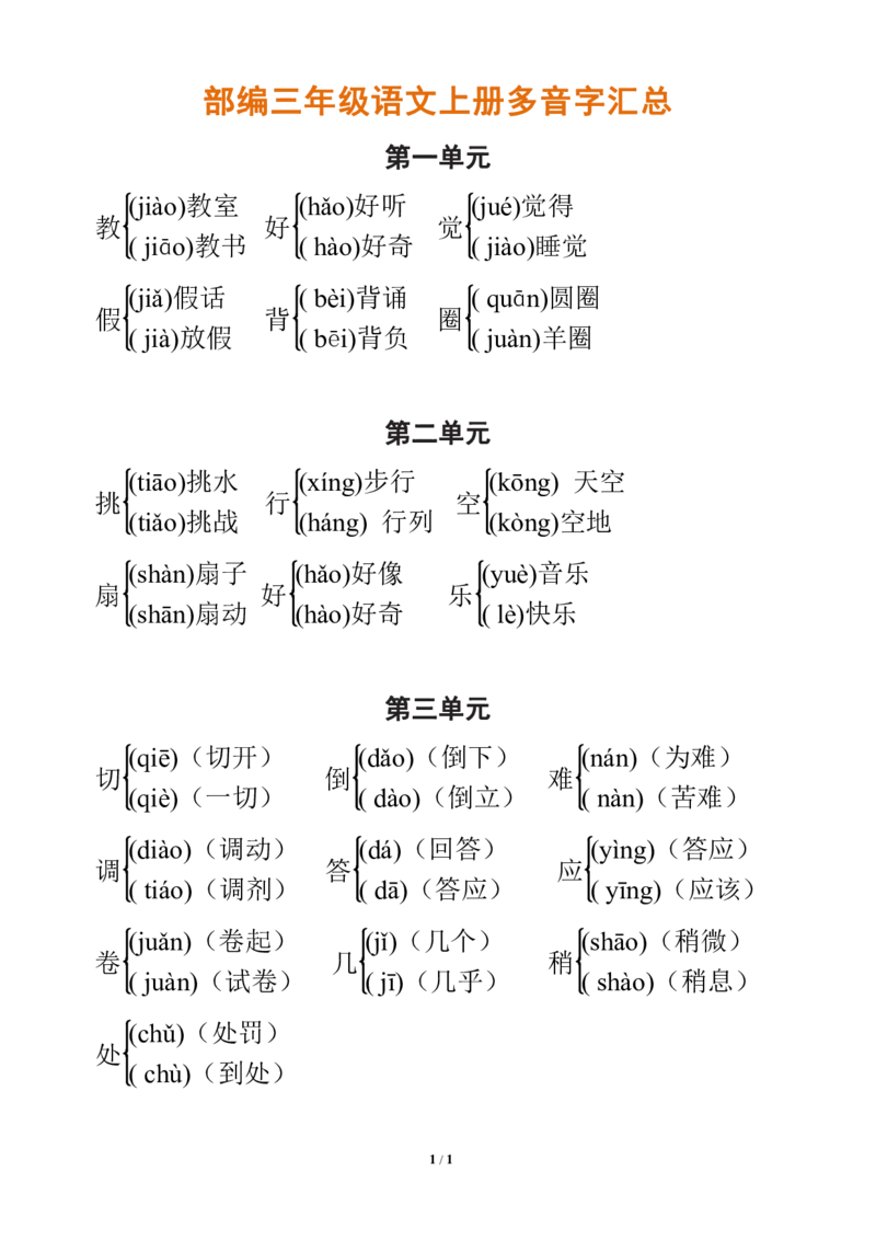 部编三年级语文上册多音字汇总_三年级上下册资料_小学三年级学习资料-25年更新版_3-01、小学三年级语文上册_3-1-1、复习、知识点、归纳汇总