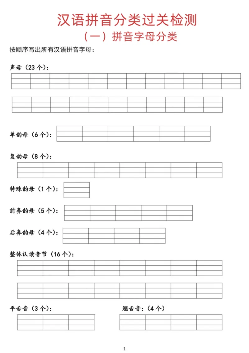 汉语拼音分类过关检测7.30_一年级上下册资料_一年级上册小红书同款资料_语文