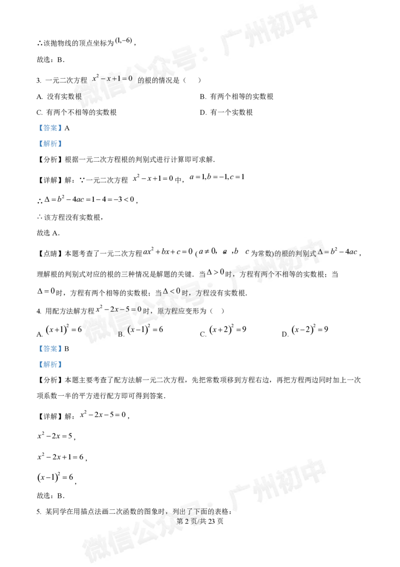 越秀区第十六中学2024-2025学年九年级数学10月月考试题（答案解析）_广州九上月考+期中+期末+一模二模+中考真题_九上月考_初三上十月考