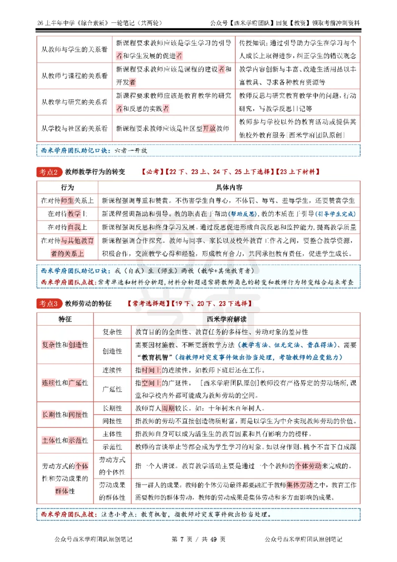 26上中学《综合素质》一轮笔记_教资_西米学府26上教资一轮重点笔记_26上西米学府一轮重点笔记（中学科一）