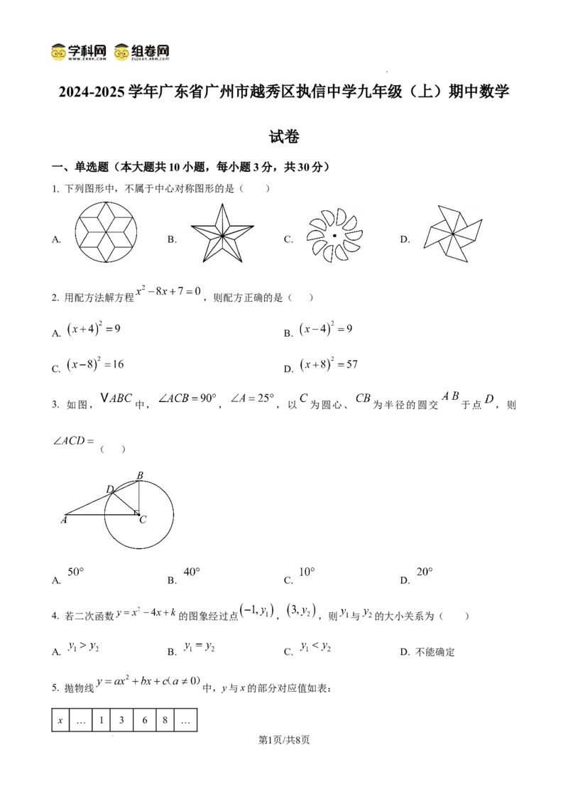 精品解析：广东省广州市越秀区执信中学2024-2025学年九年级上学期期中数学试卷（原卷版）_广州九上月考+期中+期末+一模二模+中考真题_2024年秋九年级上学期期中考试试卷和答案解析