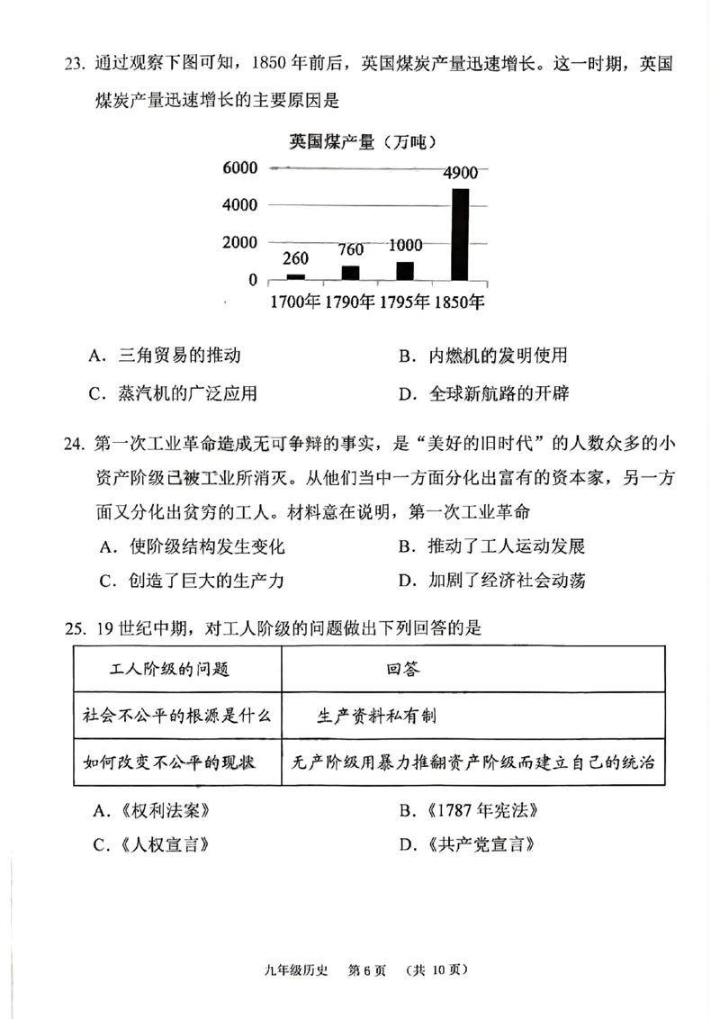 荔湾区23-24学年九年级上学期期末历史试题_广州九上月考+期中+期末+一模二模+中考真题_广州初中九上期末阶段试题（部分名校卷）