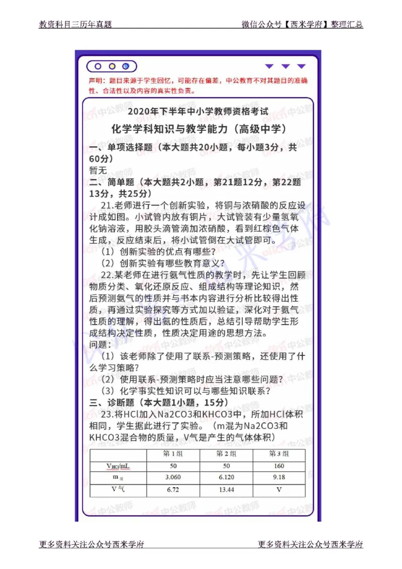 20年下-高中化学-真题及答案解析_教资_25下资料合集二_25下最新科三知识点汇编+思维导图-高中_12.化学_02.历年真题