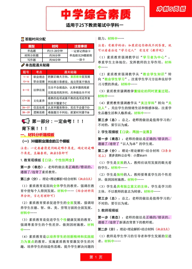 中学科一五页纸_教资_1826上教资考前冲刺五页纸_中学考前冲刺5页纸