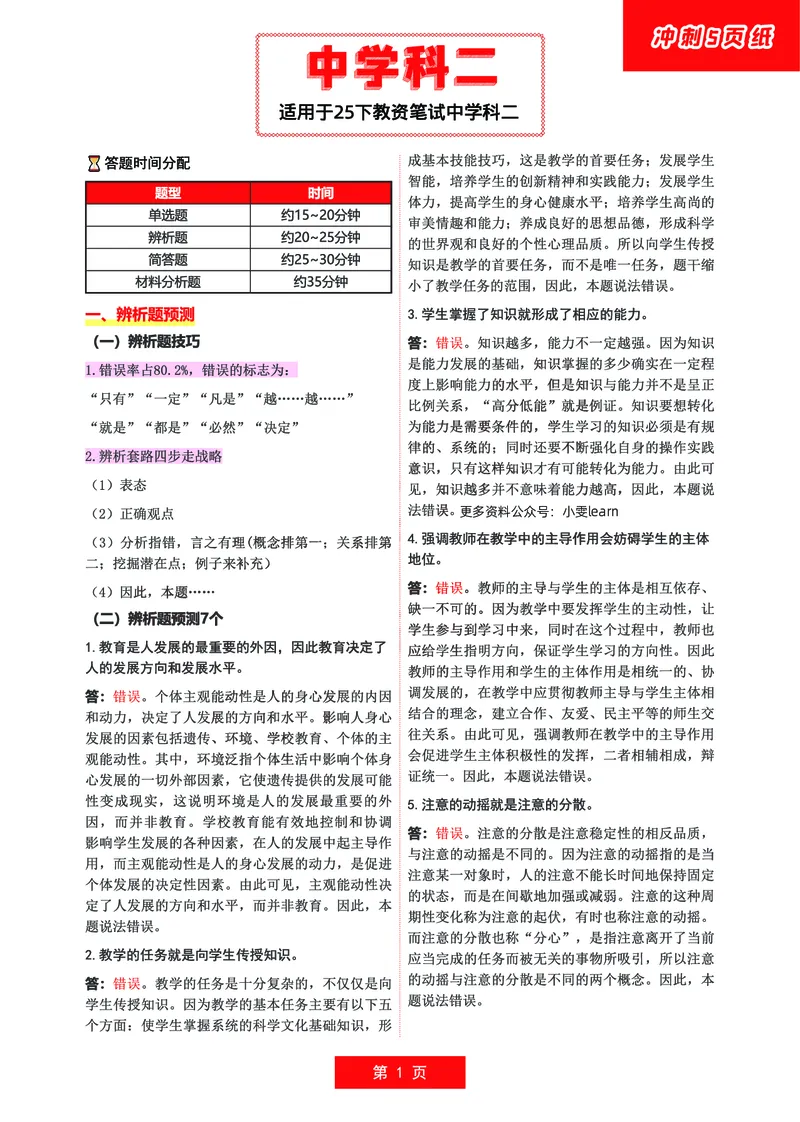 中学科二五页纸_教资_1826上教资考前冲刺五页纸_中学考前冲刺5页纸