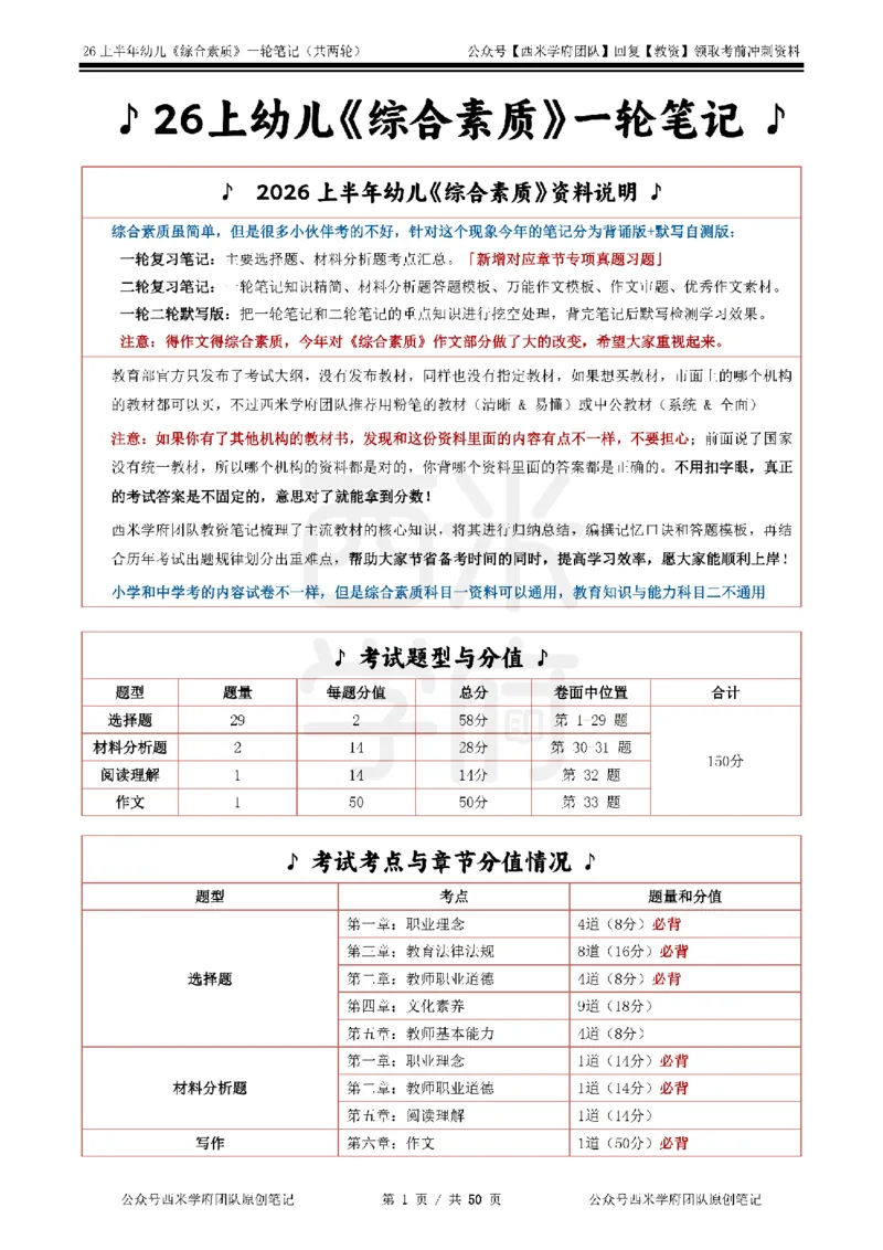 26上幼儿园《综合素质》一轮笔记_教资_26上西米学府一轮重点笔记（幼儿科一）