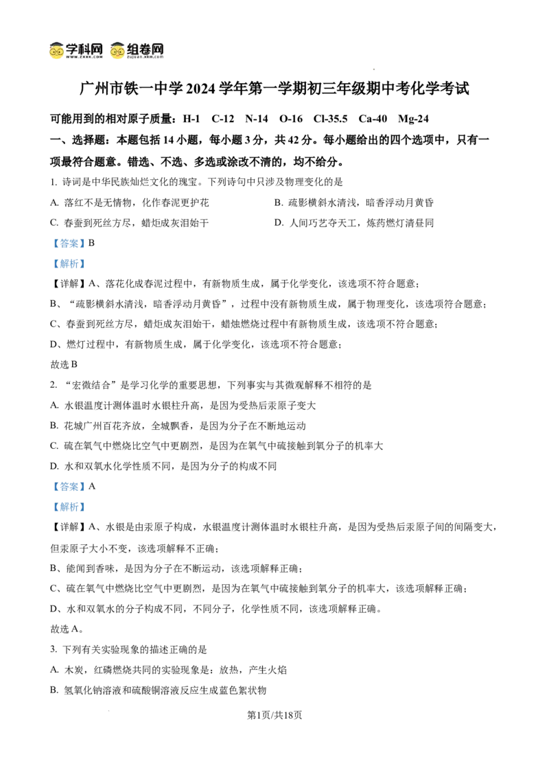 精品解析：广东省广州市铁一中学2024-2025学年九年级上学期期中化学试题（解析版）_广州九上月考+期中+期末+一模二模+中考真题_2024年秋九年级上学期期中考试试卷和答案解析