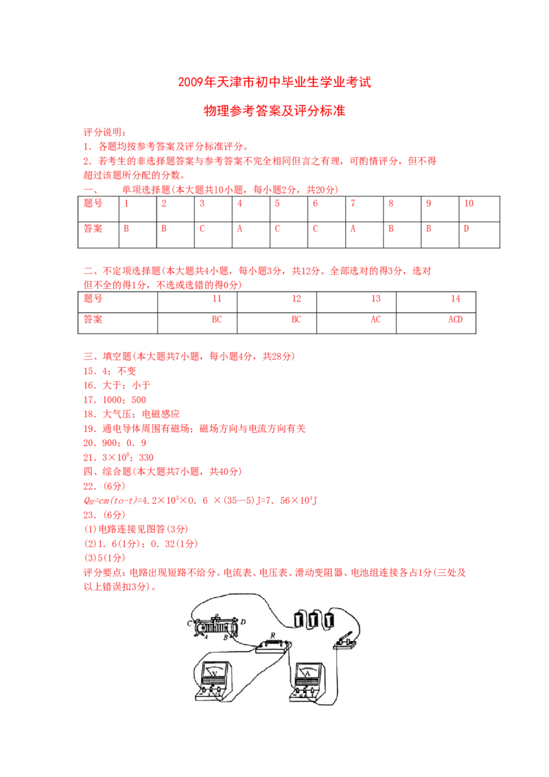 2009年天津市中考物理试题及答案_中考真题_4.物理中考真题2015-2024年_地区卷_天津中考物理2008--2022年