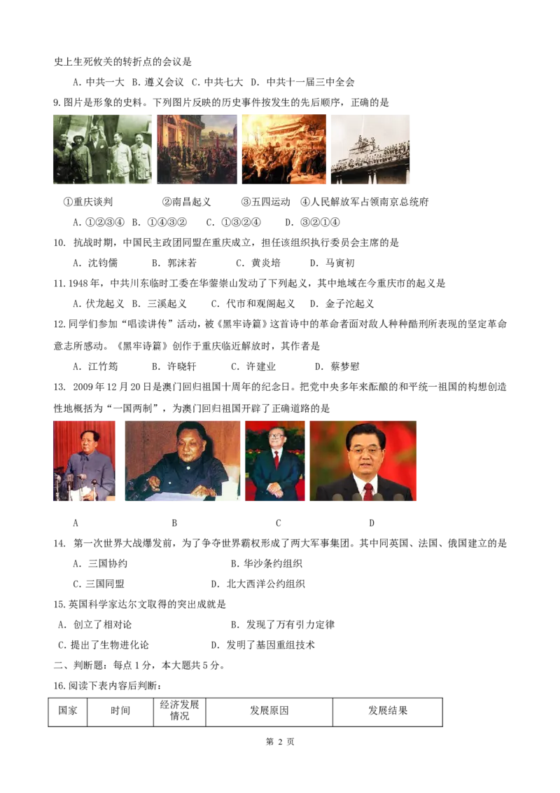 2010年重庆市中考历史试卷(含答案)_中考真题_6.历史中考真题2015-2024年_地区卷_重庆中考历史08-22