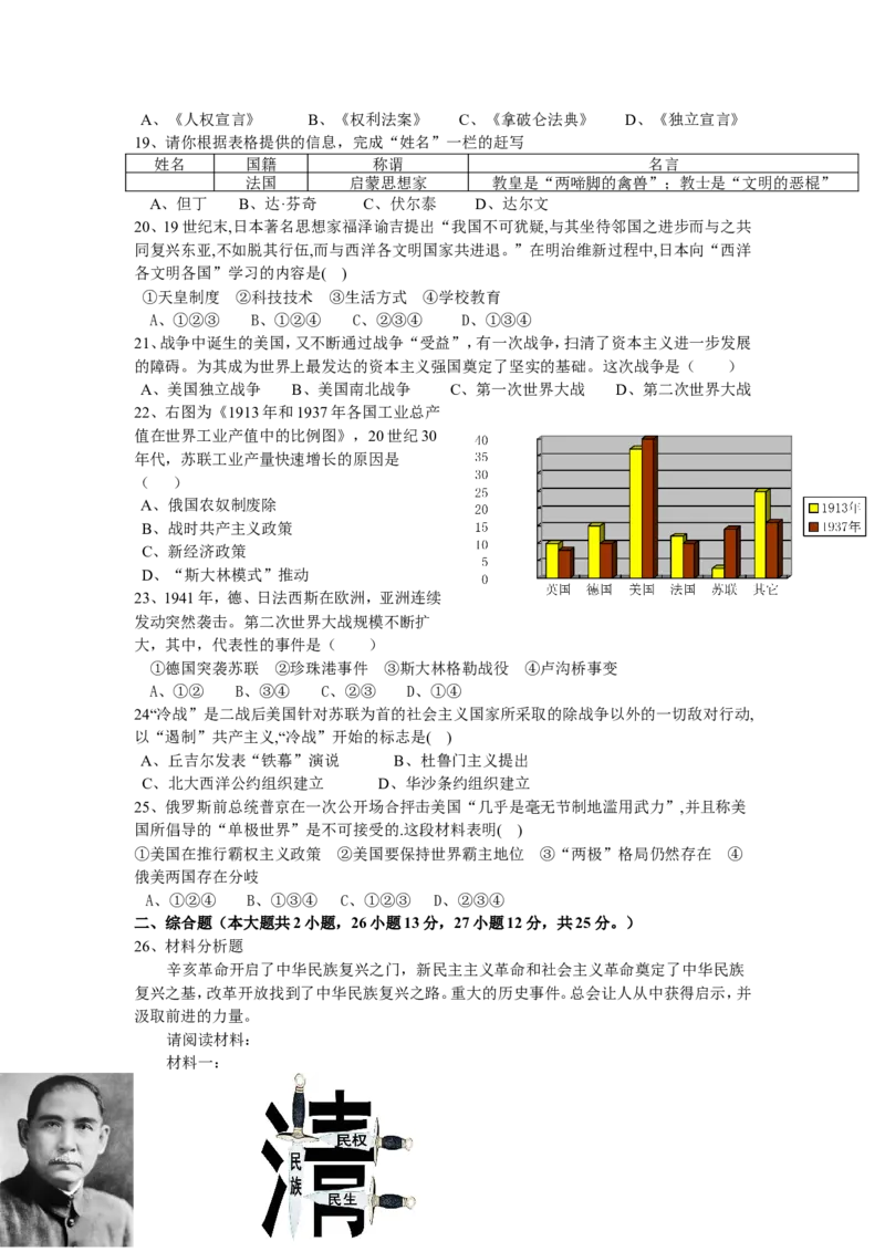 2011广东省历史中考试卷及参考答案_中考真题_6.历史中考真题2015-2024年_地区卷_广东省_广东历史（广东省统一试卷）08-21