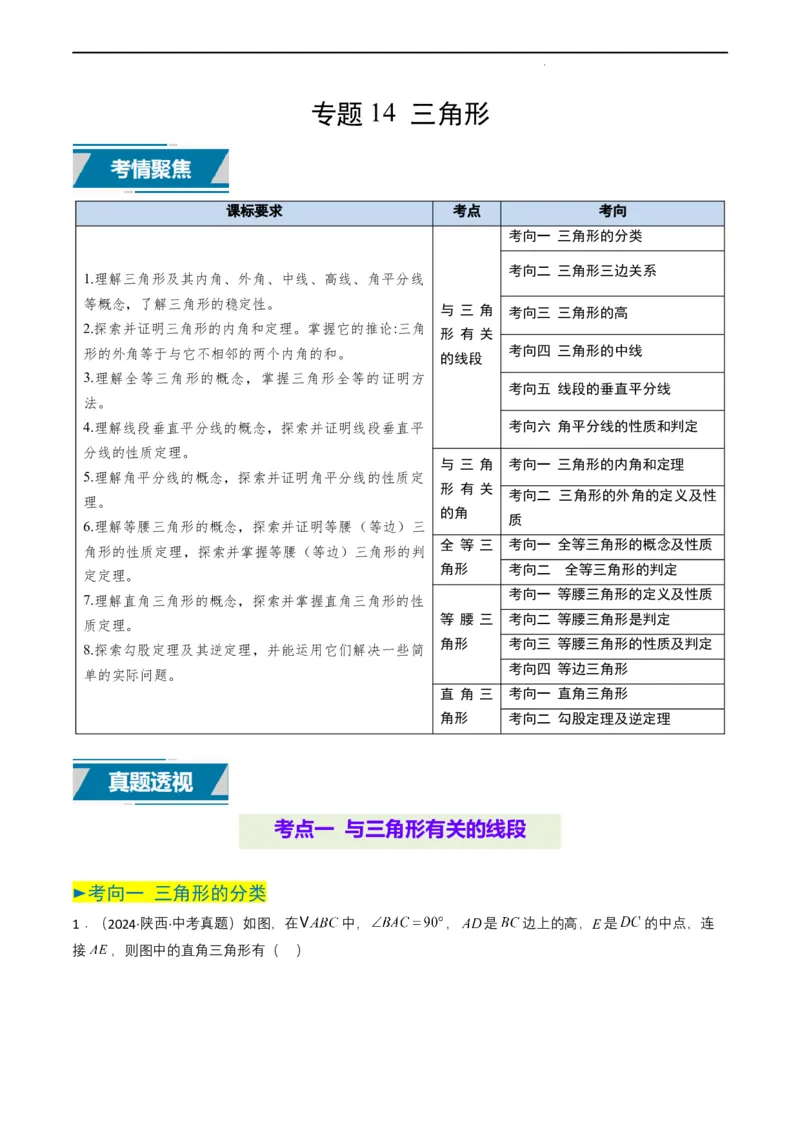 专题14三角形（原卷版）_2数学总复习_2025中考复习资料_备战2025年中考数学真题题源解密（全国通用）