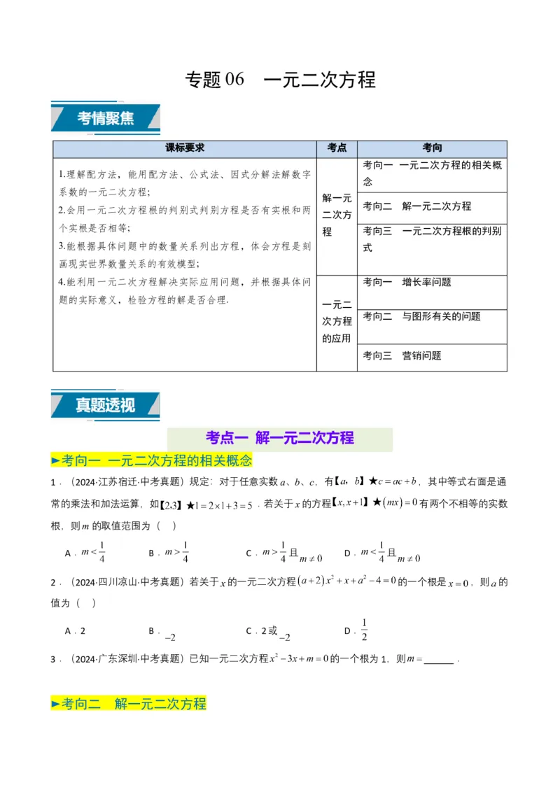 专题06一元二次方程（原卷版）_2数学总复习_2025中考复习资料_备战2025年中考数学真题题源解密（全国通用）