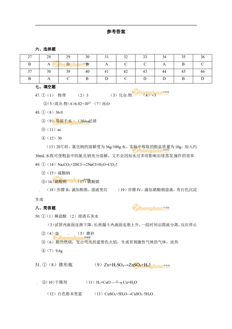 2011-2017年上海市历年中考化学试卷真题及答案解析_中考真题_5.化学中考真题2015-2024年_地区卷_上海化学统一学业考试10～21_2010年-2021年上海中考试卷-化学_word版