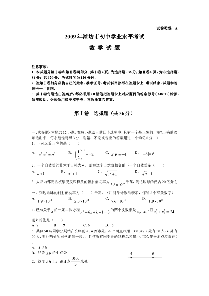 2009年山东省潍坊市中考数学试题及答案_中考真题_2.数学中考真题2015-2024年_地区卷_山东省_山东潍坊中考数学08-22