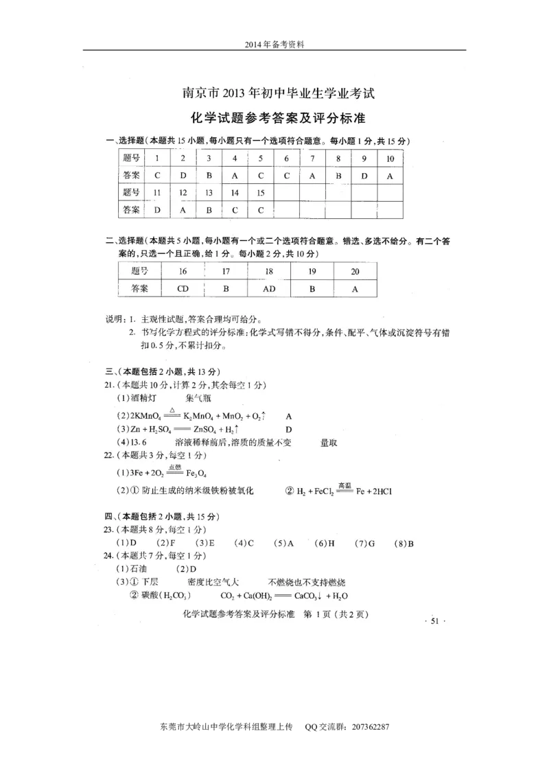 2013年南京中考化学试题及答案_中考真题_5.化学中考真题2015-2024年_地区卷_江苏省_南京化学08-22