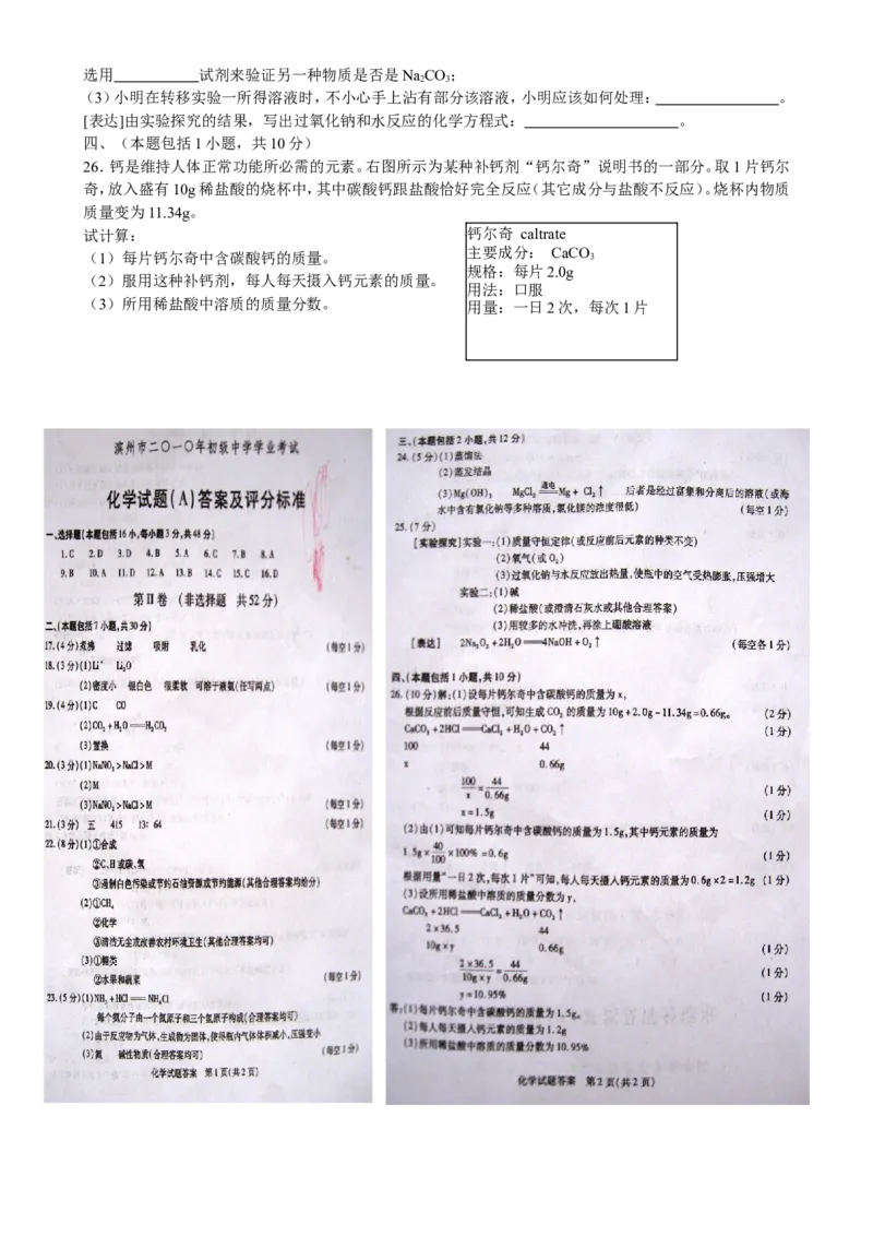 2010年滨州中考化学试题及答案_中考真题_5.化学中考真题2015-2024年_地区卷_山东省_山东滨州化学09-22