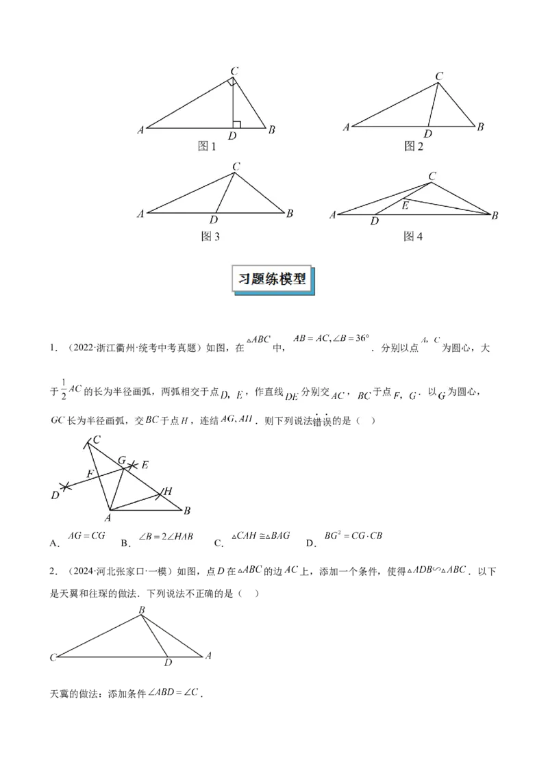 2025年中考数学几何模型综合训练（通用版）专题25相似模型之母子型（共边共角）模型解读与提分精练（学生版）_2数学总复习_2025中考复习资料_2025年中考数学几何模型综合训练(通用版)