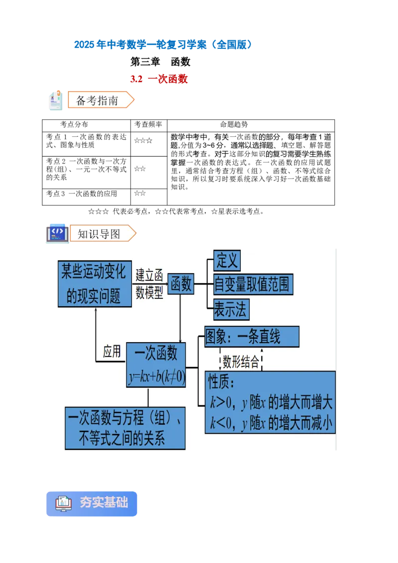 2025年中考数学一轮复习学案：3.2一次函数（学生版）_2数学总复习_2025中考复习资料_2025年中考数学一轮复习学案（全国通用）
