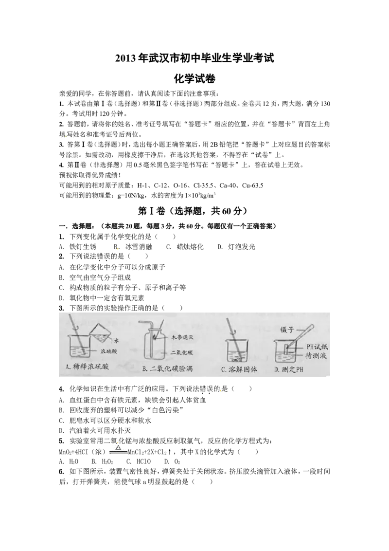 2013年武汉市中考化学试题及答案_中考真题_5.化学中考真题2015-2024年_地区卷_湖北省_武汉化学08-22