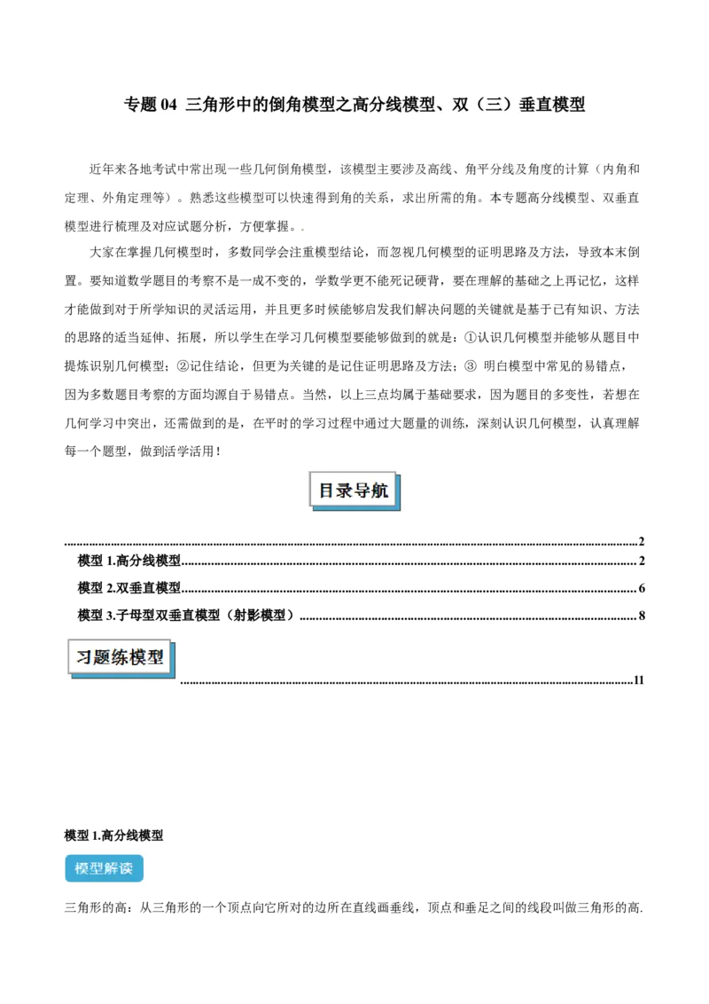 2025年中考数学几何模型综合训练（通用版）专题04三角形中的倒角模型之高分线模型、双（三）垂直模型解读与提分精练（教师版）_2数学总复习_2025中考复习资料