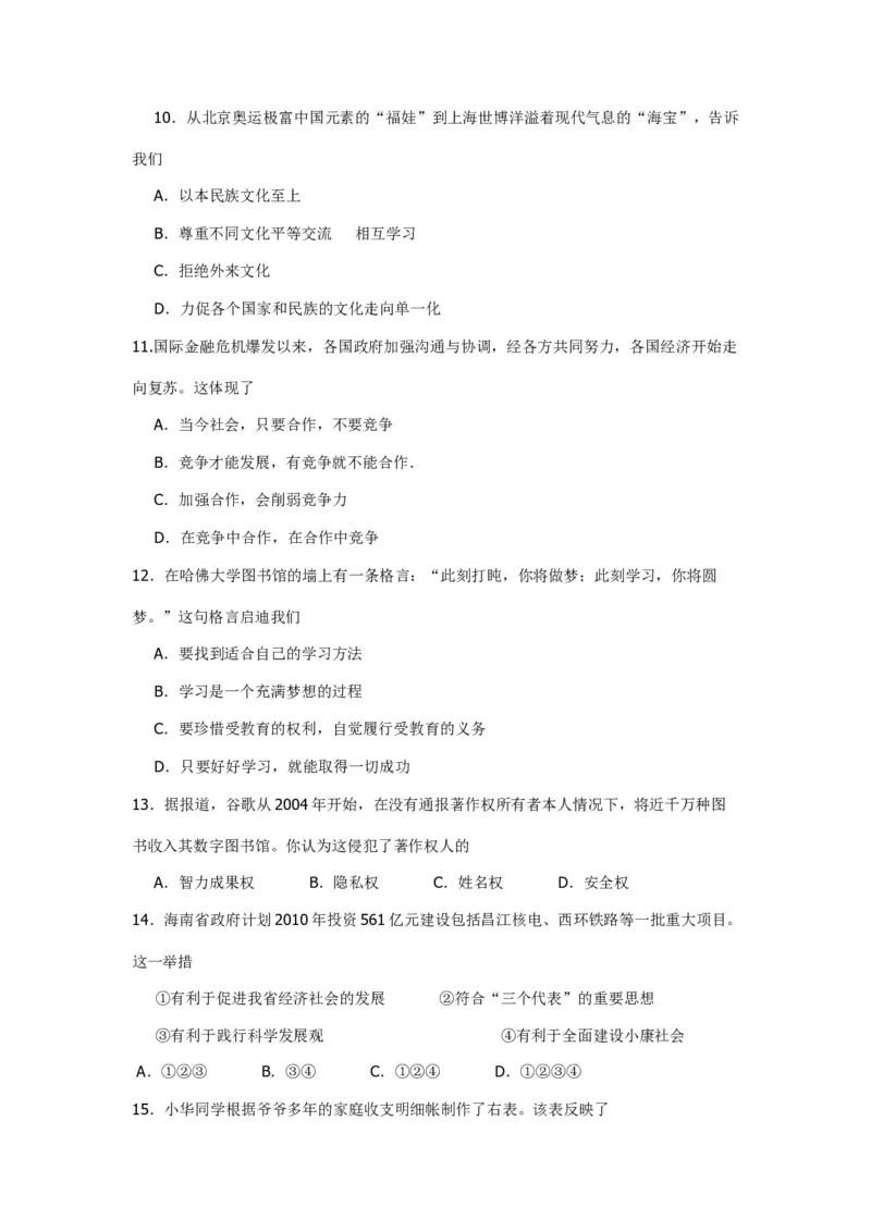 2010年海南省中考政治试题及答案_中考真题_7.政治中考真题2015-2024年_地区卷_海南中考政治08-21