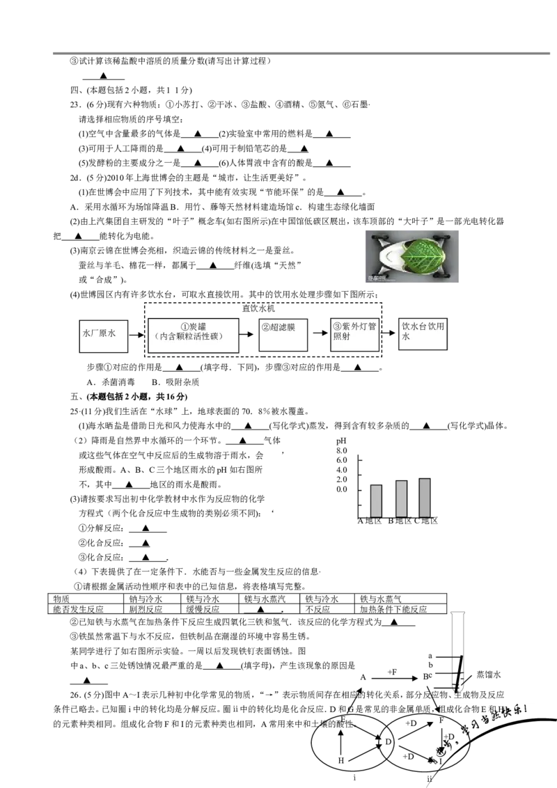 2010年南京中考化学试题及答案_中考真题_5.化学中考真题2015-2024年_地区卷_江苏省_南京化学08-22