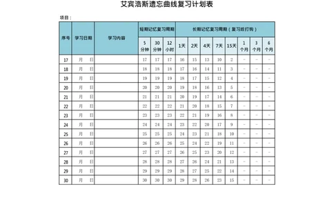 艾宾浩斯遗忘曲线复习计划表--30天_法硕法学真题（2010-2025）_2.赠品_其他_艾宾浩斯记忆表