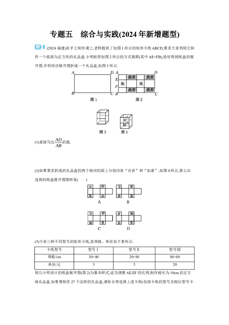 专题五综合与实践(2024年新增题型)学案（含答案）2025年中考数学人教版一轮复习_2数学总复习_2025中考复习资料_2025年人教版中考数学一轮复习学案(含答案)