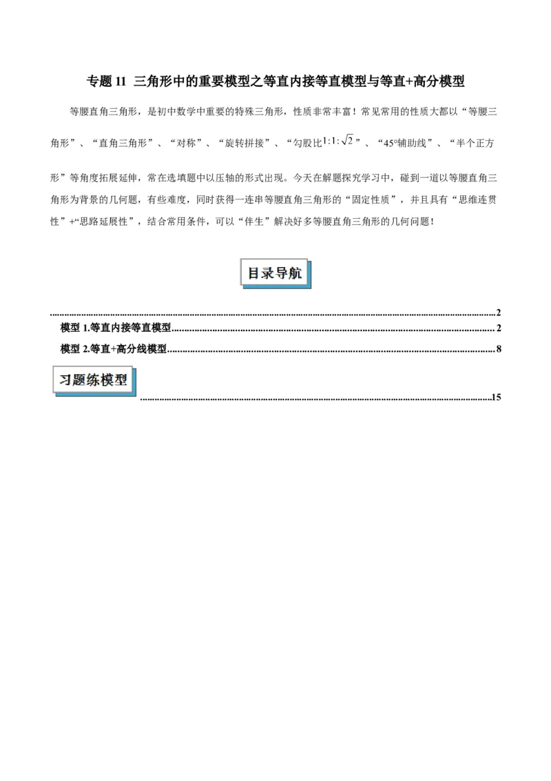 2025年中考数学几何模型综合训练（通用版）专题11三角形中的重要模型之等直内接等直模型与等直+高分模型解读与提分精练（学生版）_2数学总复习_2025中考复习资料