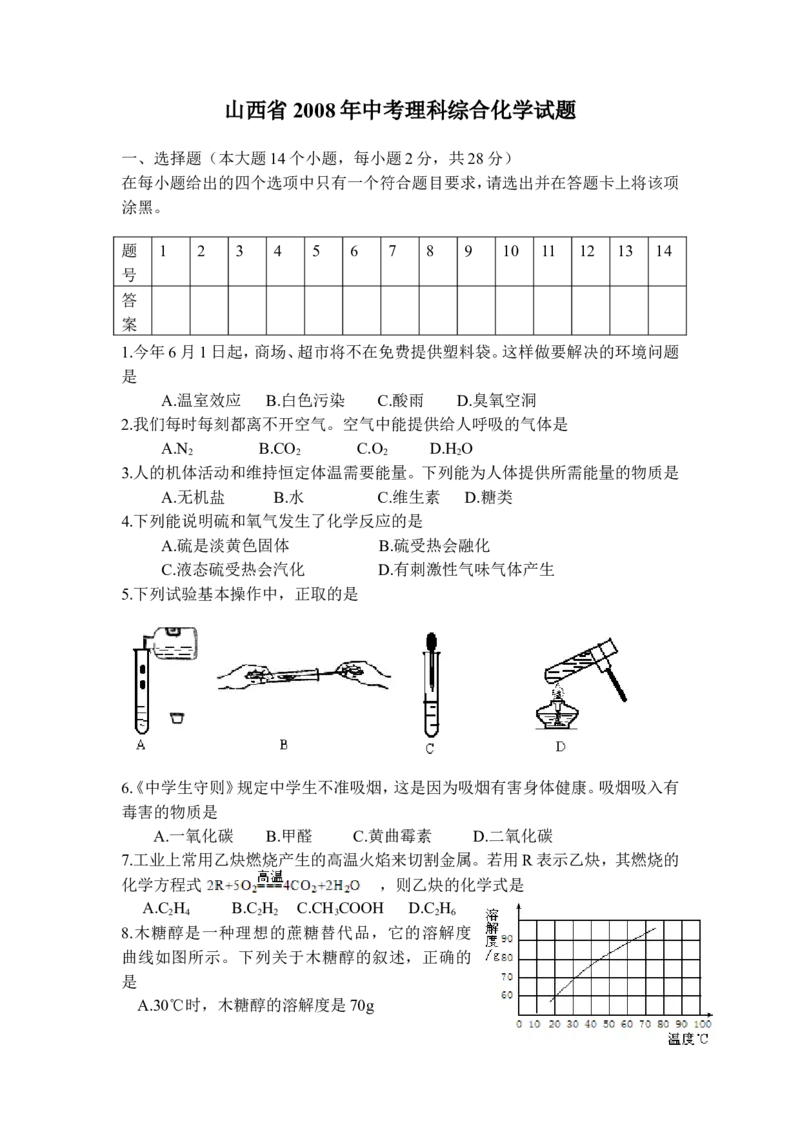 2008年山西省中考化学试题(word版含答案)_中考真题_5.化学中考真题2015-2024年_地区卷_山西中考化学2008---2021年（山西省统一试卷）