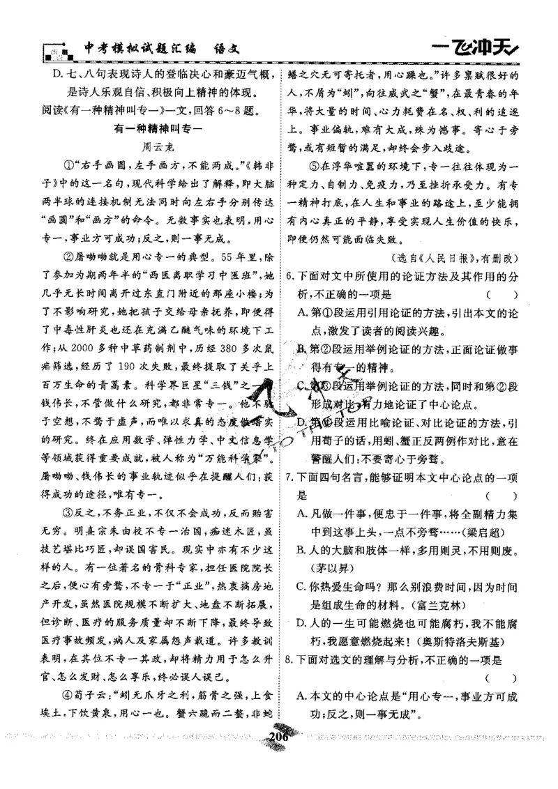 一飞冲天-中考模拟试题汇编-语文_《一飞冲天-中考专项》2026版_一飞冲天-中考模拟试题汇编（2024版）