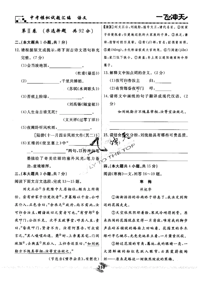 一飞冲天-中考模拟试题汇编-语文_《一飞冲天-中考专项》2026版_一飞冲天-中考模拟试题汇编（2024版）