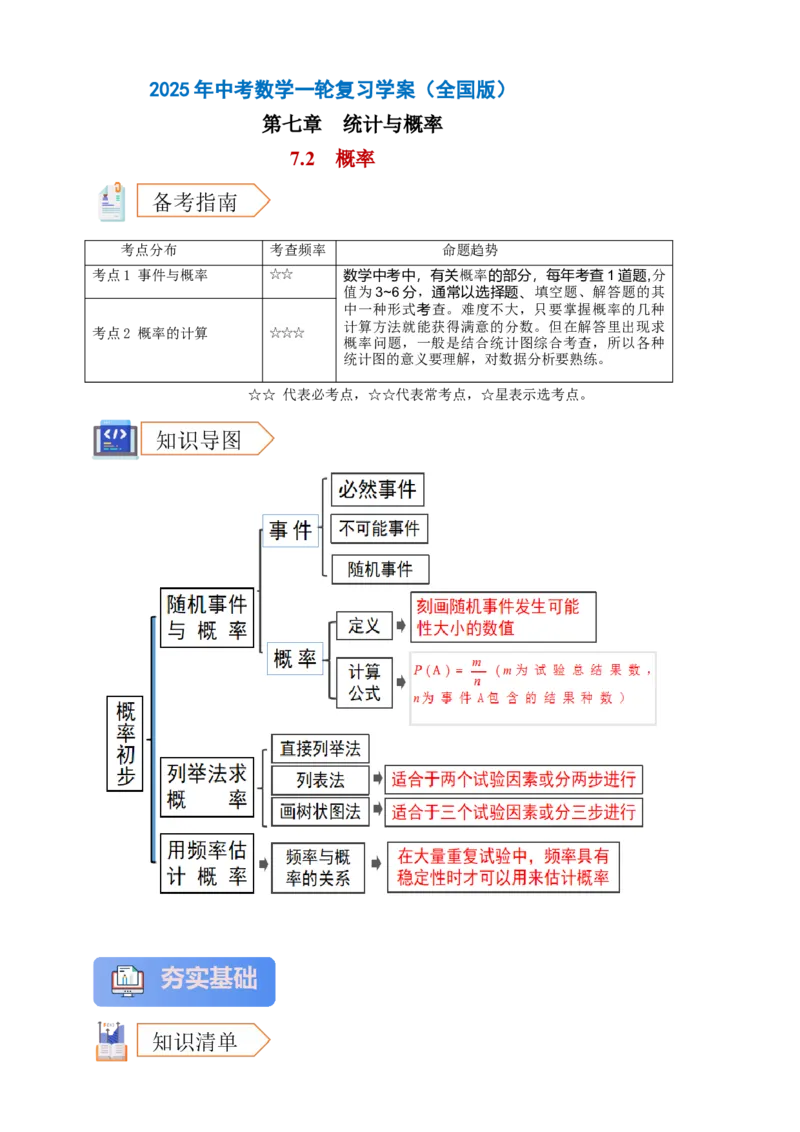 2025年中考数学一轮复习学案：7.2概率（教师版）_2数学总复习_2025中考复习资料_2025年中考数学一轮复习学案（全国通用）_2025年中考数学一轮复习学案：7.2概率（学生版+教师版）