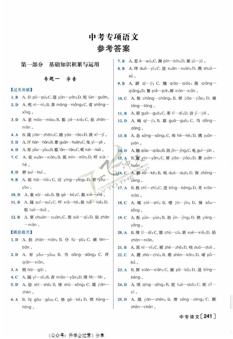 一飞冲天-中考专项精品试题分类-语文参考答案_《一飞冲天-中考专项》2026版_一飞冲天-中考专项精品试题分类（2024版）
