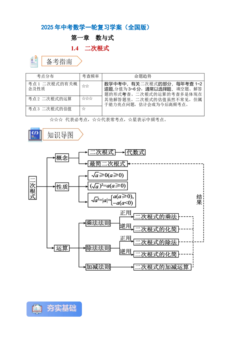 2025年中考数学一轮复习学案：1.4二次根式（学生版）_2数学总复习_2025中考复习资料_2025年中考数学一轮复习学案（全国通用）