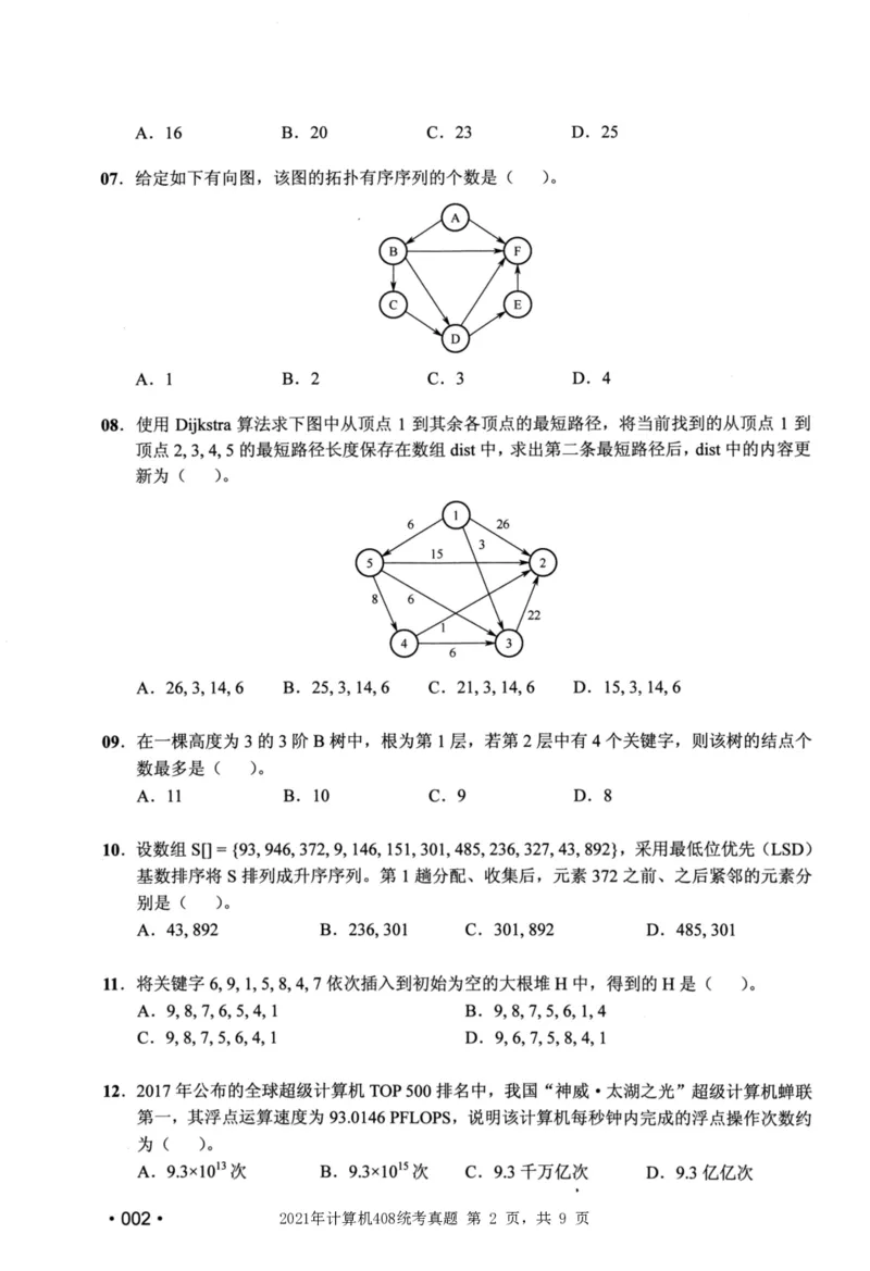 2021年计算机408统考真题_408计算机统考历年真题_2009-2025计算机408统考真题