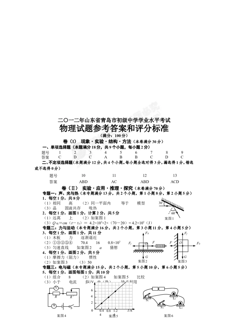 2012年青岛市中考物理试卷和答案_中考真题_4.物理中考真题2015-2024年_地区卷_山东省_青岛物理08-22