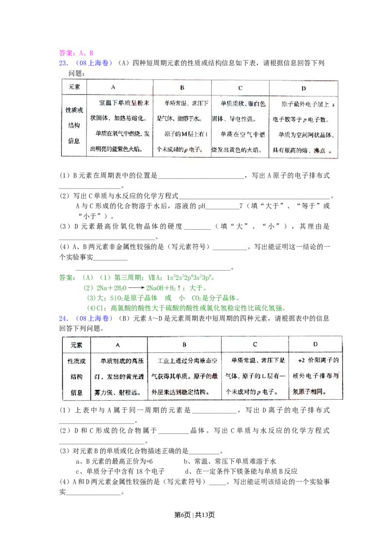 2008年高考化学试卷（上海）（解析卷）_1.高考2025全国各省真题+答案_01.2008-2024全国高考真题（按省份分类）_31.上海_2008-2024&middot;（上海）化学高考真题