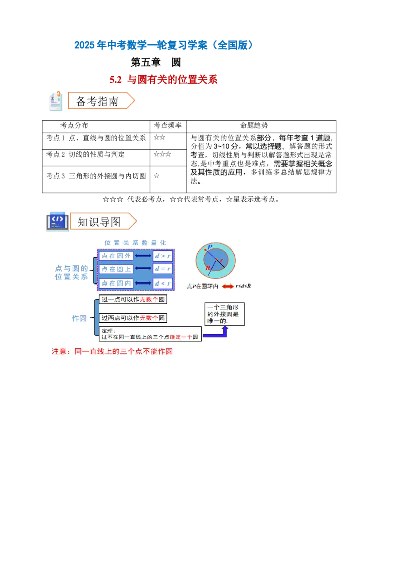 2025年中考数学一轮复习学案：5.2与圆有关的位置关系（教师版）_2数学总复习_2025中考复习资料_2025年中考数学一轮复习学案（全国通用）