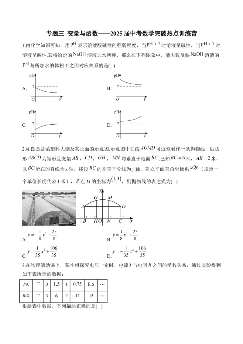 专题三变量与函数&mdash;&mdash;2025届中考一轮数学突破热点训练营（含解析）_2数学总复习_2025中考复习资料_2025届中考数学一轮突破&nbsp;热点训练营(含解析)