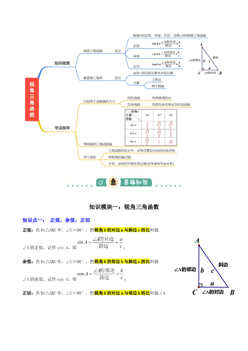 专题11锐角三角函数（3大模块知识梳理+9个考点+4个重难点+2个易错点）（原卷版）_2数学总复习_2025中考复习资料_2025年中考数学一轮知识梳理
