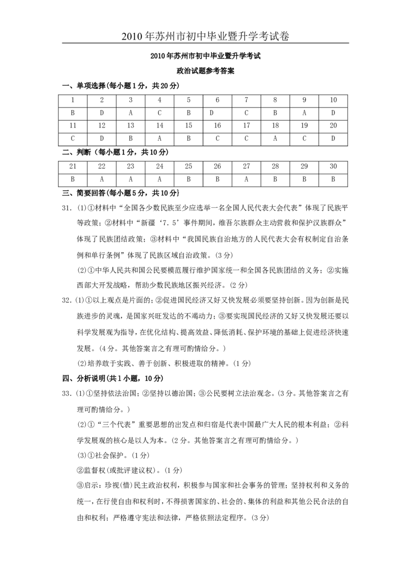 2010年江苏省苏州市中考政治试题及答案_中考真题_7.政治中考真题2015-2024年_地区卷_江苏省_苏州思想品德08-22