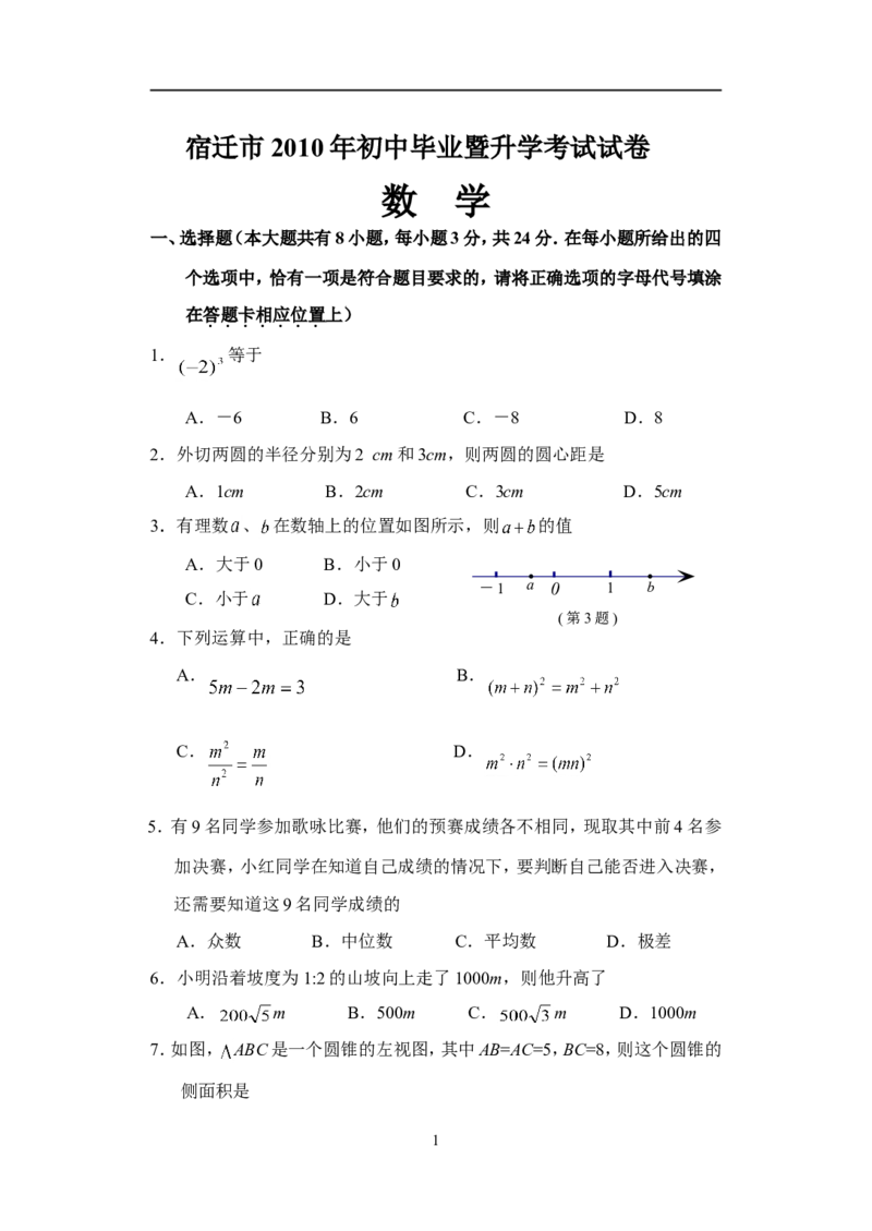 2010年江苏省宿迁市中考数学试卷及答案_中考真题_2.数学中考真题2015-2024年_地区卷_江苏省_宿迁中考数学08-22