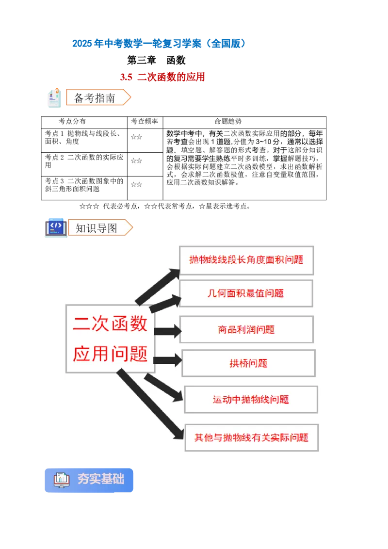 2025年中考数学一轮复习学案：3.5二次函数的应用（教师版）_2数学总复习_2025中考复习资料_2025年中考数学一轮复习学案（全国通用）
