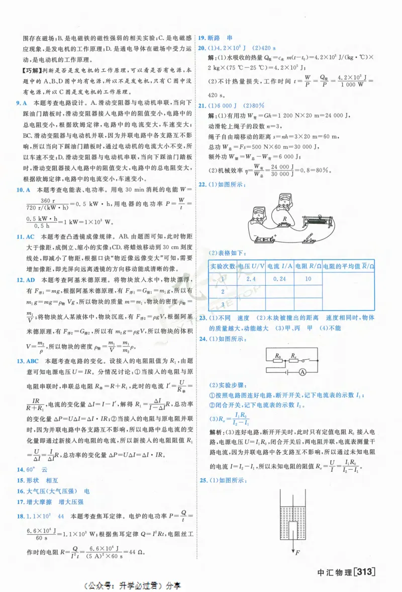 一飞冲天-中考模拟试题汇编-物理参考答案_《一飞冲天-中考专项》2026版_一飞冲天-中考模拟试题汇编（2024版）