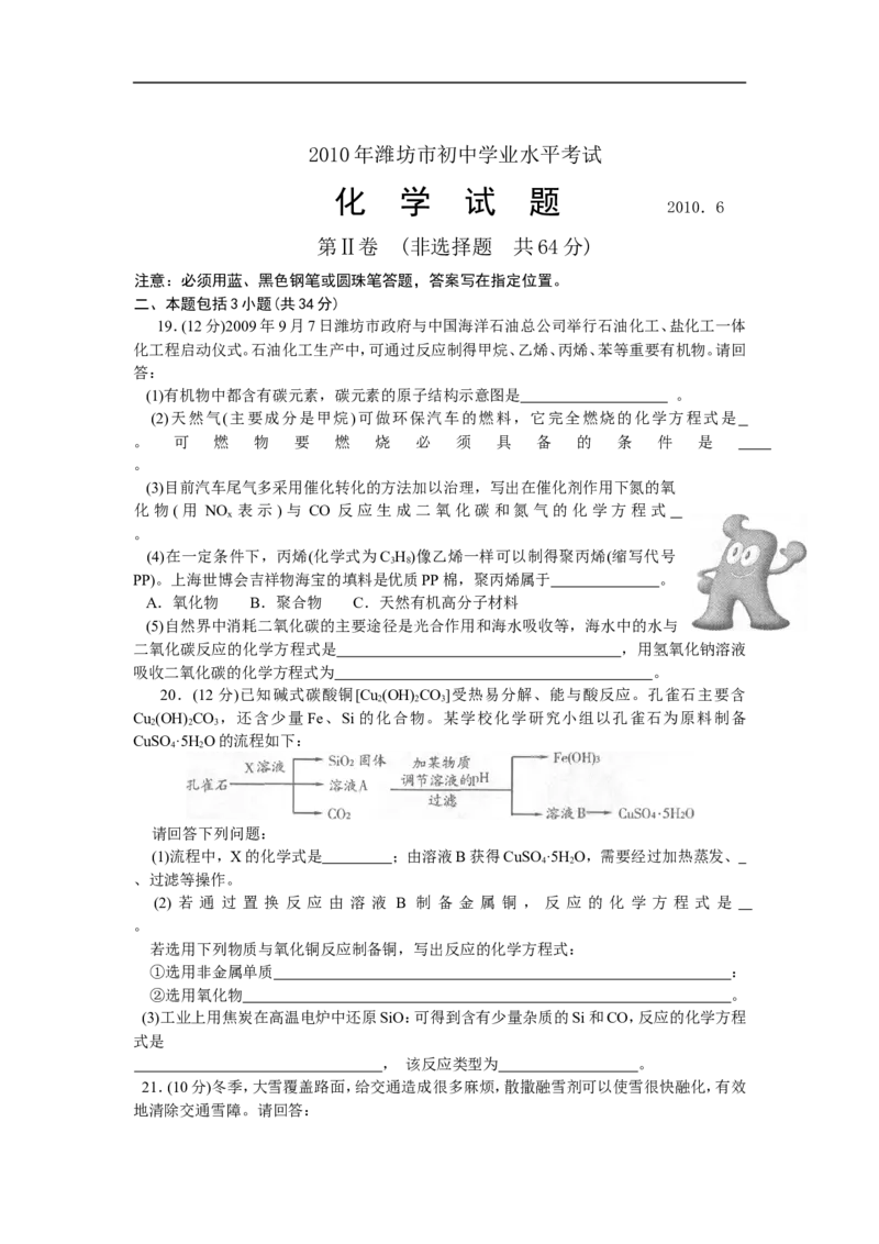 2010年潍坊市中考化学试卷及答案_中考真题_5.化学中考真题2015-2024年_地区卷_山东省_山东潍坊中考化学08-21