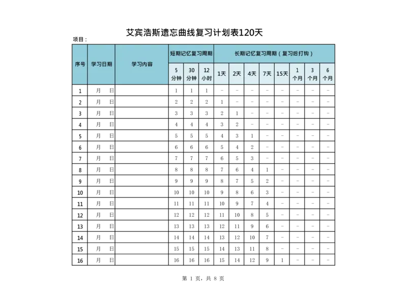 艾宾浩斯遗忘曲线复习计划表--120天_法硕法学真题（2010-2025）_2.赠品_其他_艾宾浩斯记忆表