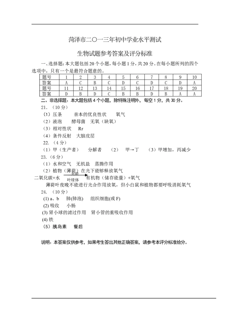 2013年菏泽市中考生物试题含答案_中考真题_8.生物中考真题2015-2024年_地区卷_山东省_菏泽生物10-22